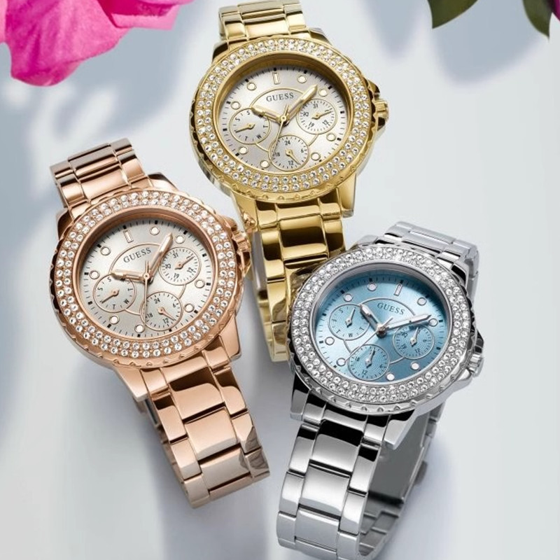 GUESS女士三眼新款镶钻手表奢华