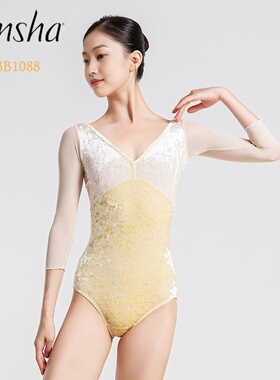 sansha三沙舞蹈连体服 芭蕾舞服七分袖练功服 钻石绒网纱 浅黄色