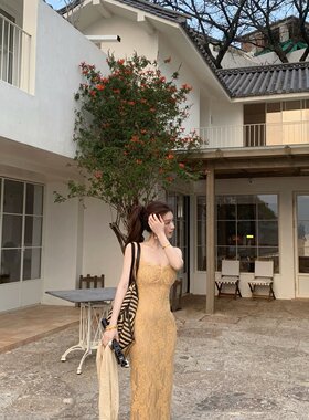 SYA奚小西 法式方领蕾丝吊带修身长款连衣裙女夏季性感温柔裙子