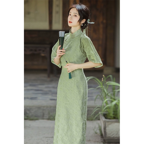 Зеленое летнее ципао, легкое элитное платье, 2024 года, светлый стиль