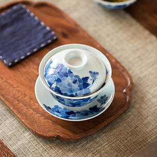功夫茶具 柴窑陶瓷盖碗景德镇茶具柴窑青花手绘牡丹泡茶碗茶杯中式