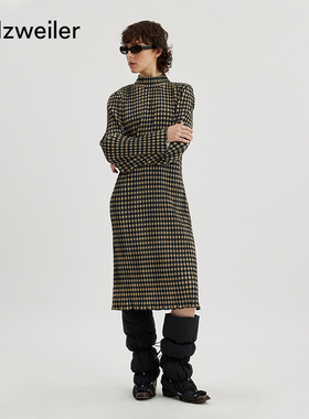 Holzweiler女士Galia格纹弹性细百褶直筒高领开衩过膝长袖连衣裙