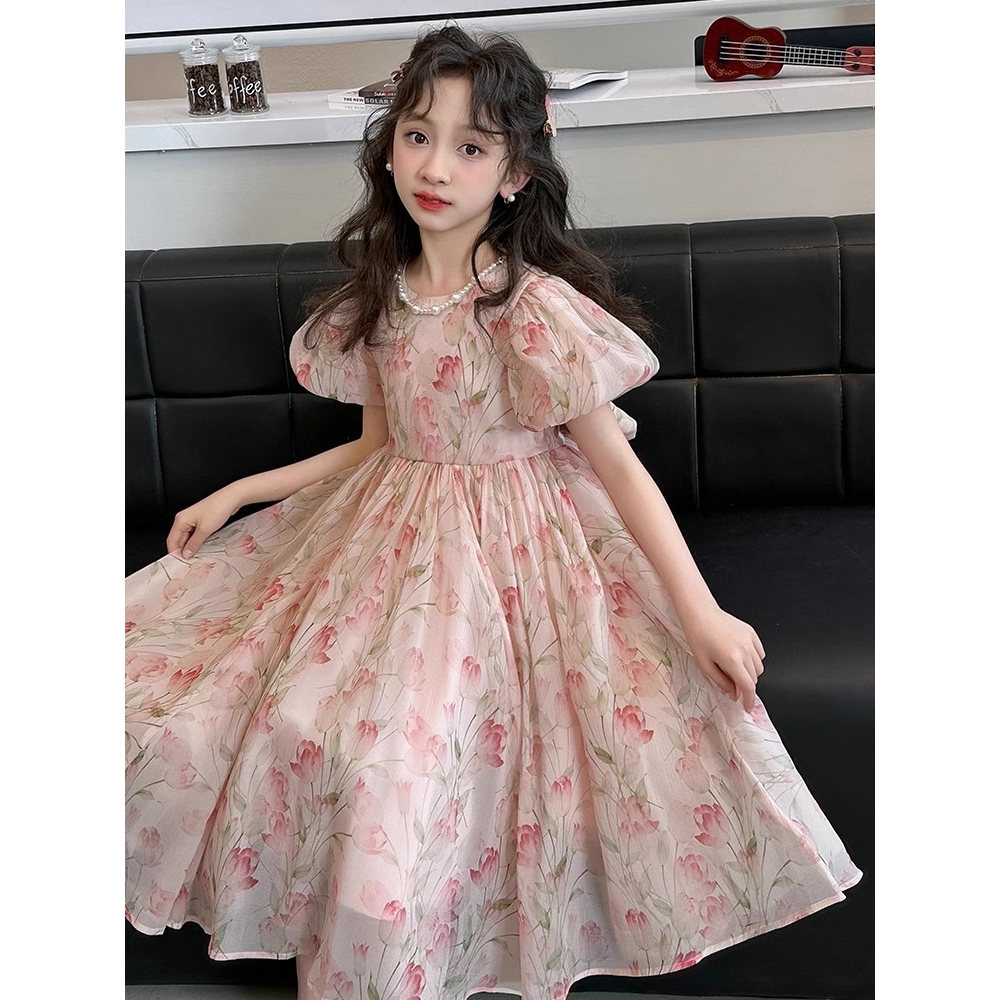 迪士尼女童连衣裙夏季2025新款洋气大童公主裙儿童超仙甜美碎花裙