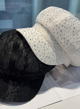 韩版重工水钻蕾丝镂空八角帽子女春夏时尚百搭画家帽显脸小鸭舌帽