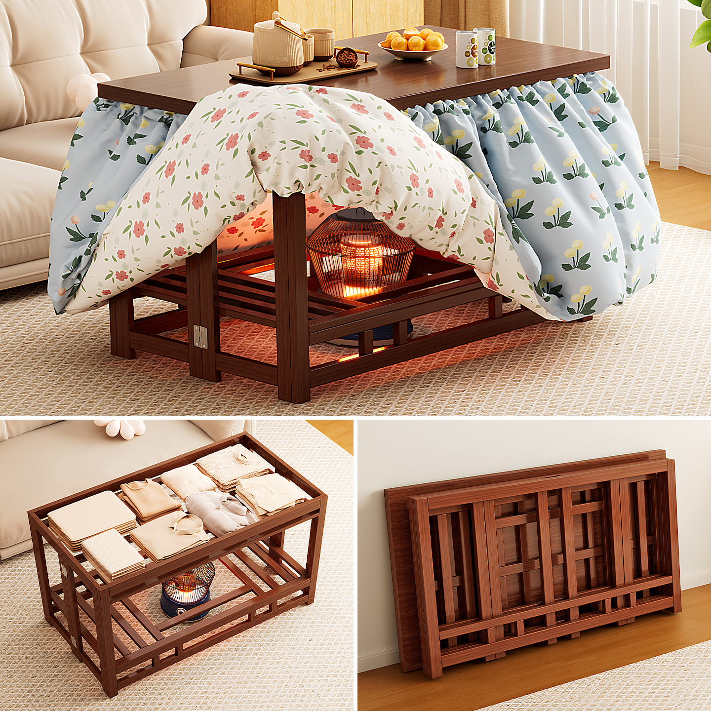 湖南省实木烤火桌2025新款家用可折叠烤火架长方形烤火炉桌子一体