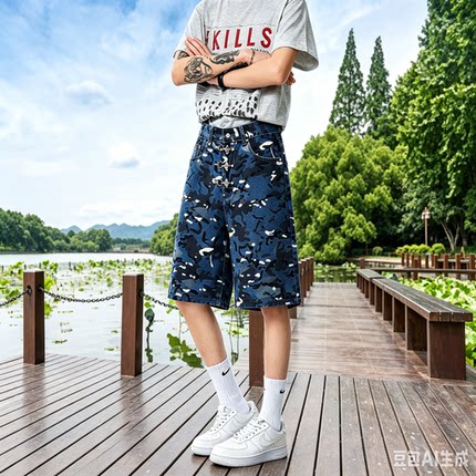 2026夏新款男士迷彩印花牛仔短裤男夏季休闲五分裤潮流百搭沙滩裤