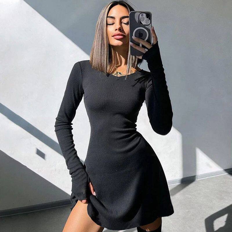 女气质纯色后背绑带收腰连衣裙Plain Back Tie Slim Waist Dress - 实物图