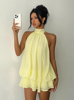 Slim Waist Backless Halter Dress女士纯色修身挂脖短款连衣裙