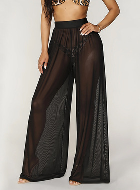 黑色网纱透视 休闲阔腿长裤Black mesh casual wide-leg trousers