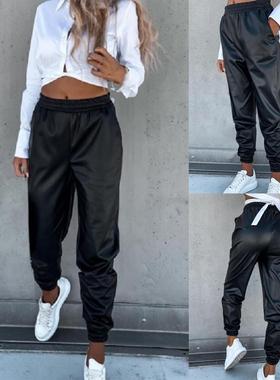 松紧腰收脚PU皮长裤Elasticated waist cinched foot PU trousers