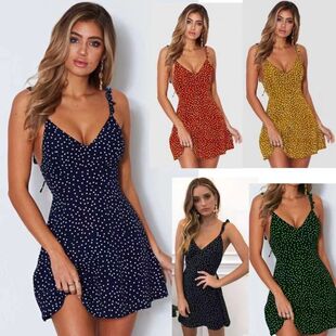 Tie 夏季 Dress Back Dot 波点露背系带收腰显瘦连衣裙Women Polka