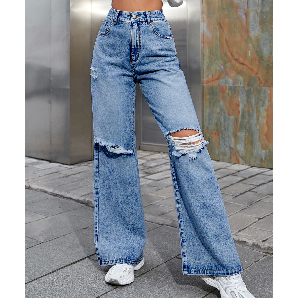 Ripped high-waisted casual denim trousers破洞高腰休闲牛仔裤