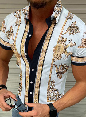 Leopard pattern short-sleeved shirt豹纹时尚男士 修身短袖衬衫