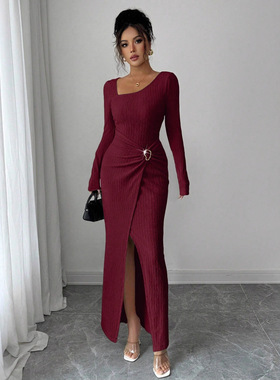 不规则领纯色针织连衣裙Textured Knit Long Dress For Ladies