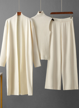 Coat, straight-leg pants, knitted three-piece set 针织三件套