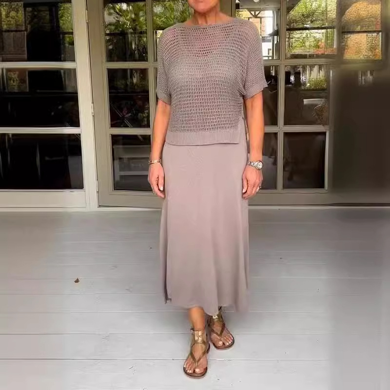 镂空短袖上衣连衣裙针织套装