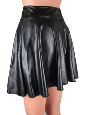 Solid PU leather high waist skirt女士纯色PU皮高腰 百褶半身裙