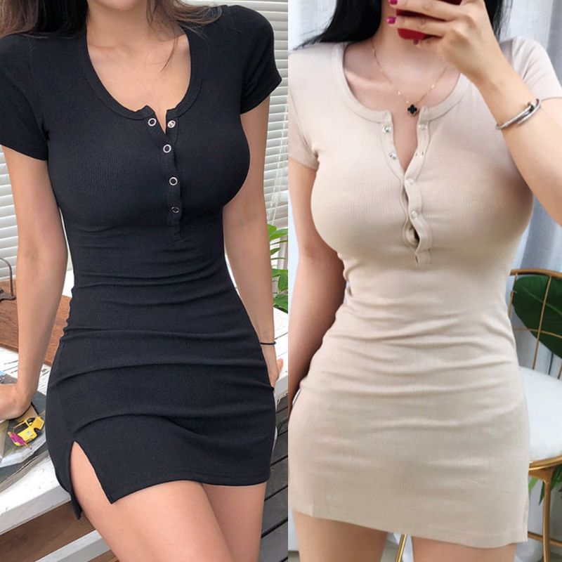性感收腰显瘦系扣开叉连衣裙