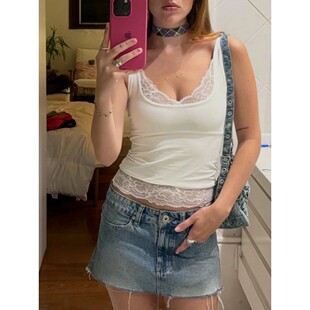 背心上衣女Sexy Cami Slim Crop Top Lace 欧美纯色蕾丝吊带短款
