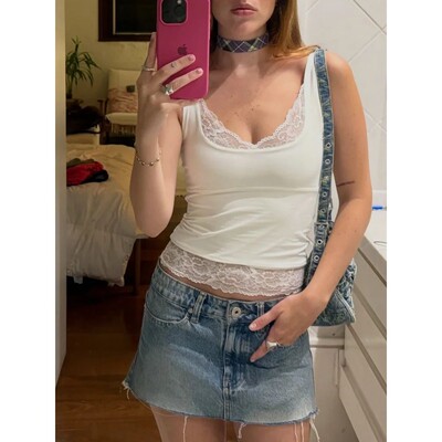 欧美纯色蕾丝吊带短款背心上衣女