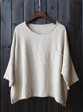 Cotton and linen t-shirt with cropped sleeves 棉麻七分袖上衣