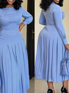 Solid Color Ruched Long Dress夏季褶皱修身长袖高腰纯色长裙
