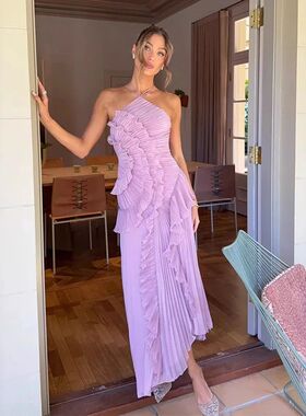 荷叶边褶皱不规则显瘦连衣裙European Style Ruffle Midi Dress