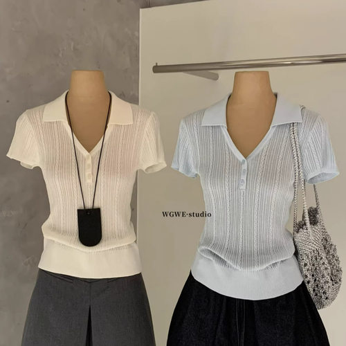 WGWE9032广州十三行女装夏季新款POLO翻领短袖针织衫薄款百搭上衣