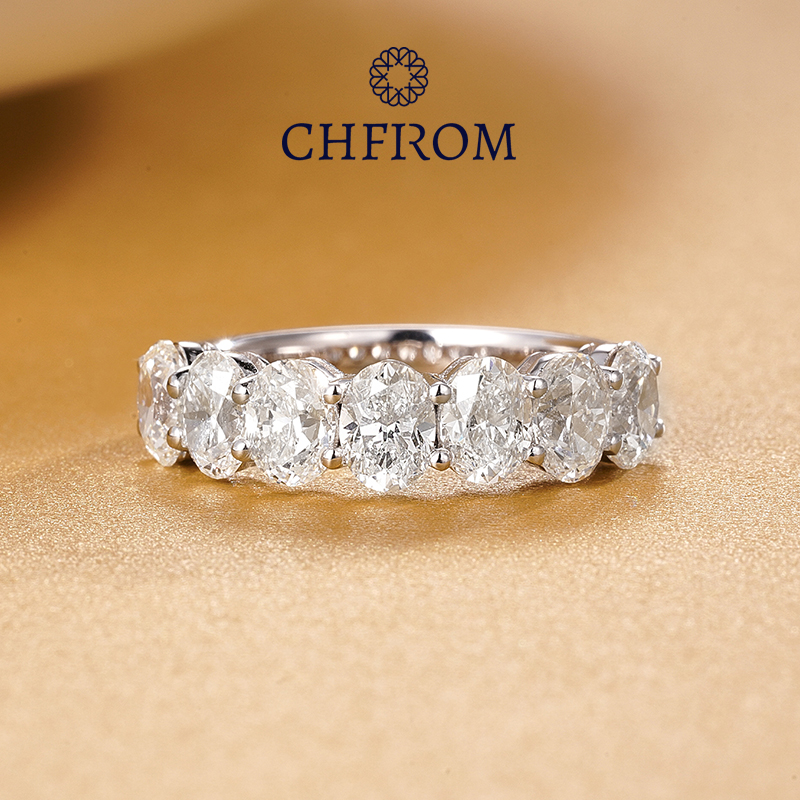 18k白金半圈20分30分椭圆蛋形真钻石叠戴戒指七钻排戒女指环定制