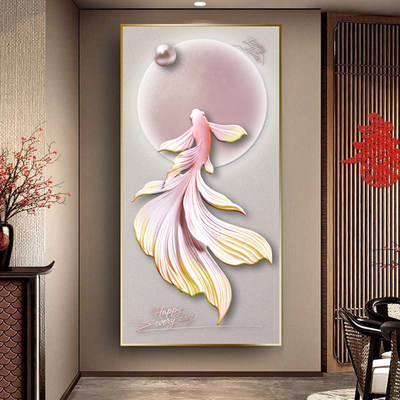 好运锦鲤入户玄关装饰画现代简约晶瓷挂画轻奢走廊过道高档壁画