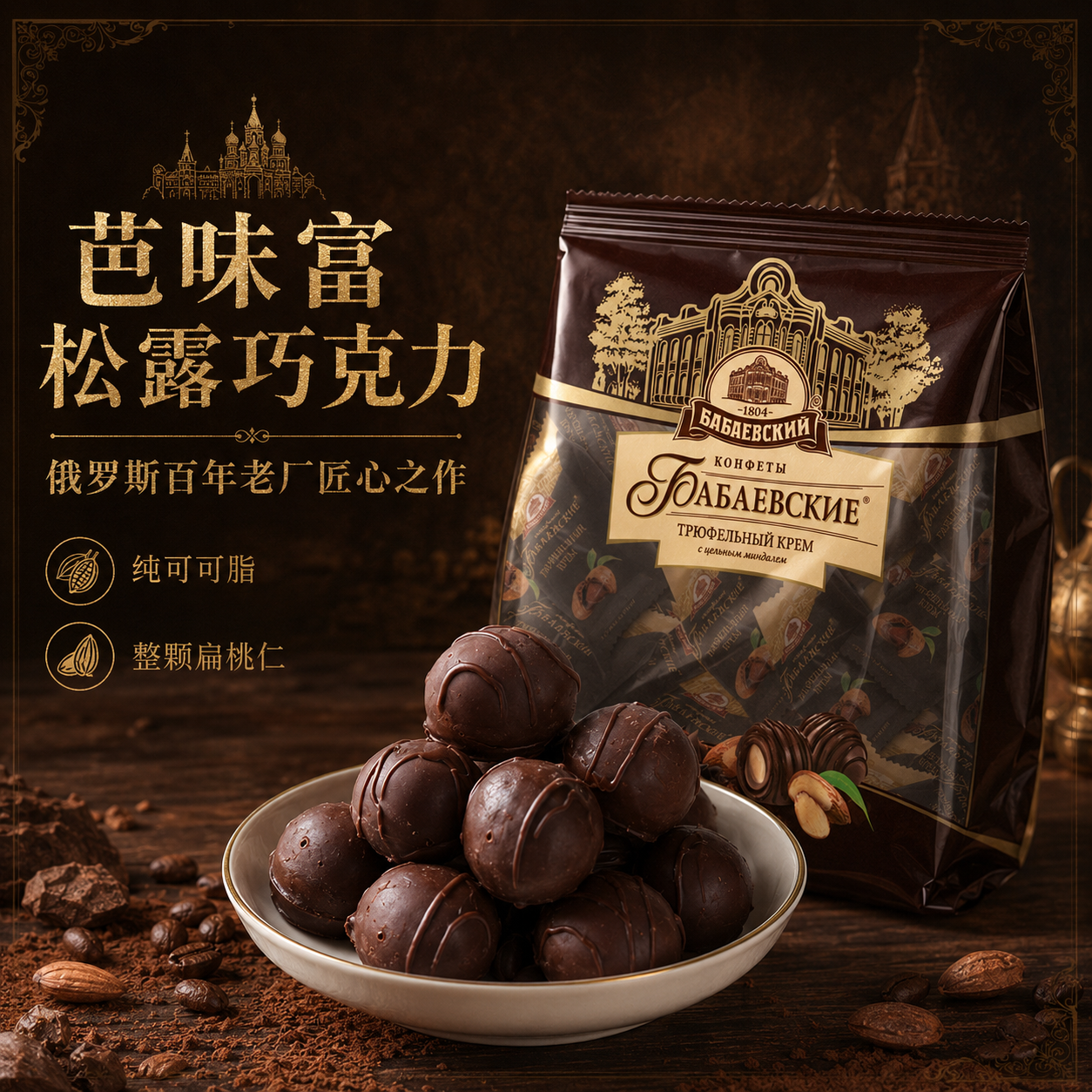 俄罗斯进口扁桃仁黑巧克力威化巴巴耶夫松露糖果夹心果仁零食200g