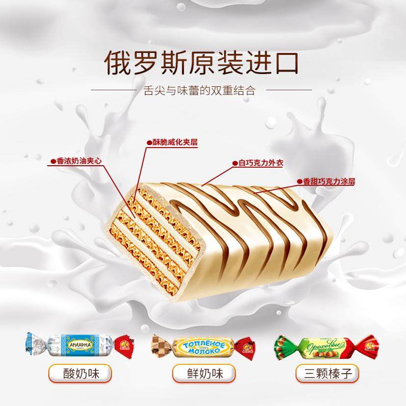 俄罗斯进口糖果斯拉夫酸奶威化巧克力糖网红休闲零食年货喜糖500g