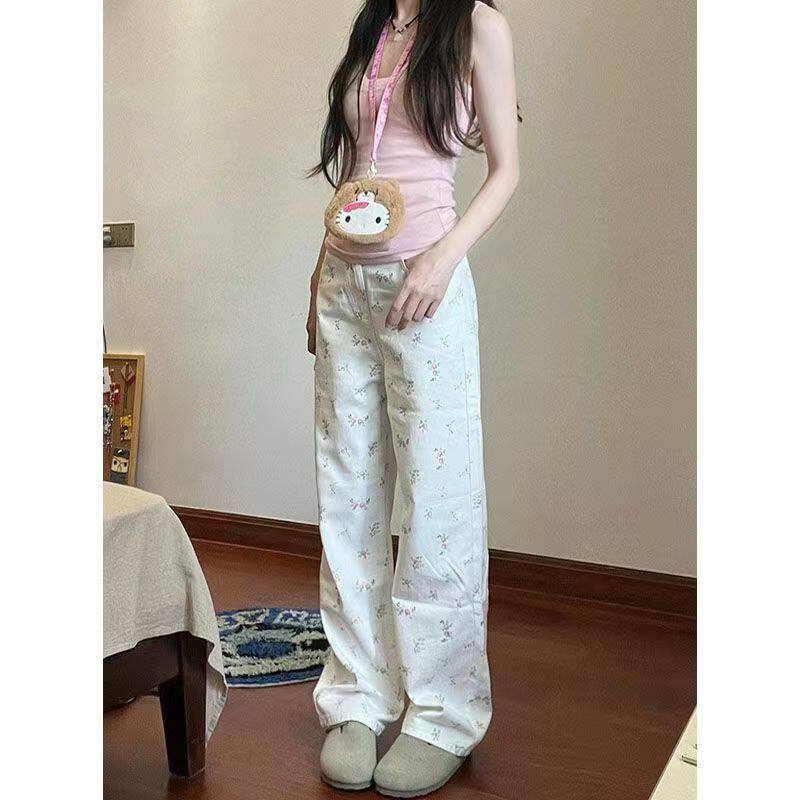 碎花今年流行的牛仔裤款式女夏天薄款高腰休闲小个子白色阔腿长裤