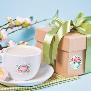 500贴/卷创意粉色花卉茶杯贴纸异形礼盒包装装饰贴