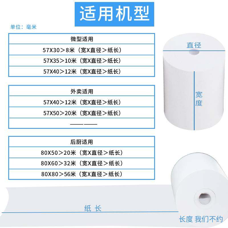 热敏纸收银机打印纸57x30x35x40x50x55po外卖纸58mm超市通用小卷