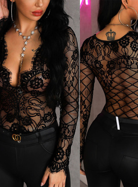 Sexy Underwear Perspective Long Sleeve Bodysuit长袖连体衣