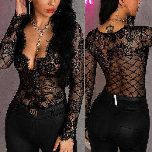 Sexy Underwear Perspective Long Sleeve Bodysuit长袖连体衣