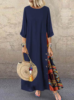 O Neck 3/4 Sleeve Side Buttons Printed Loose Long Dress