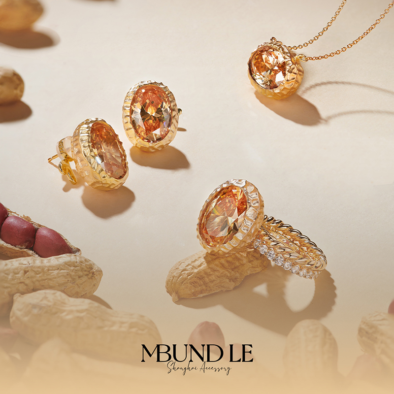 摩邦珠宝好事会花生戒指耳钉项链套装金色高端饰品锁骨链女士首饰