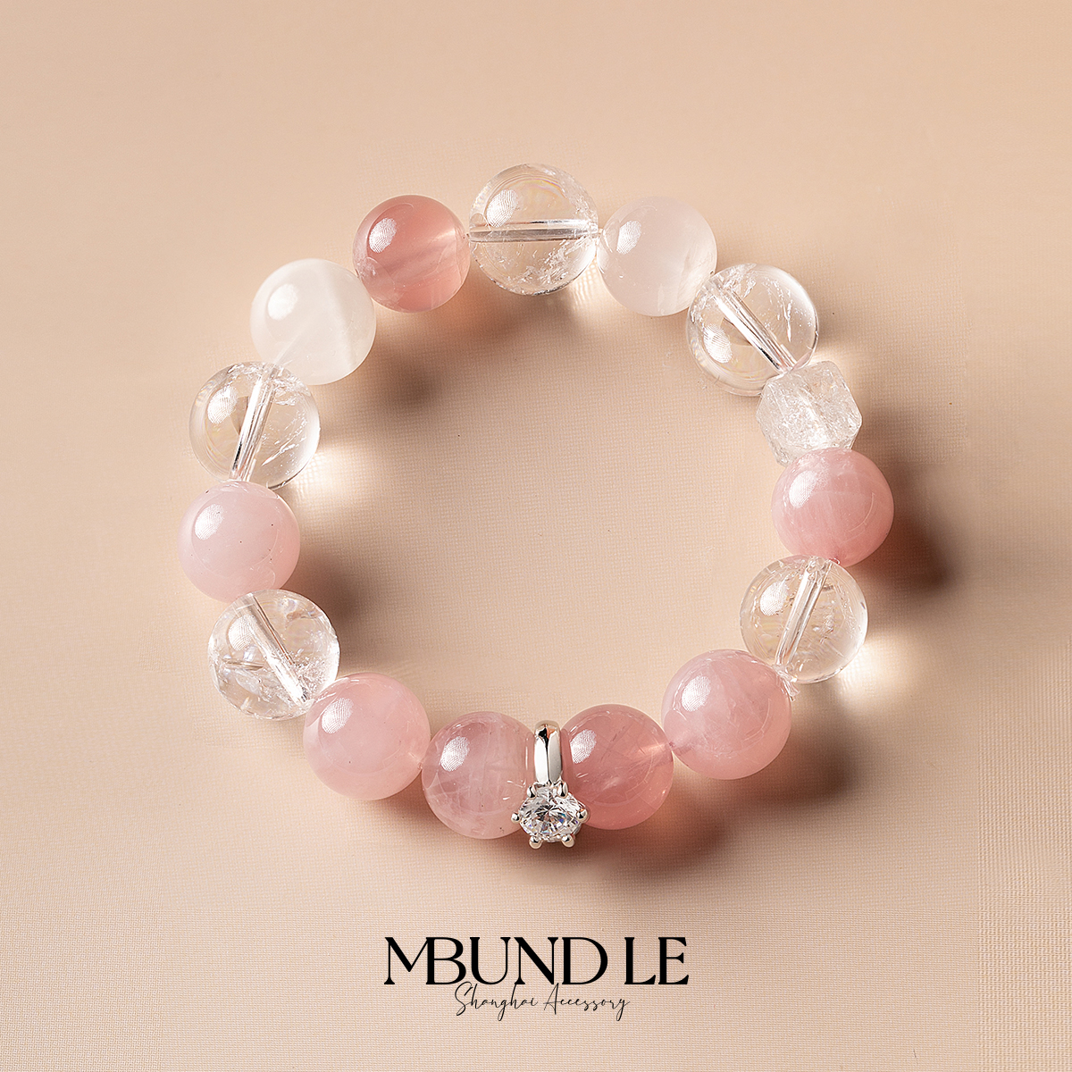 摩邦珠宝一山樱花一山云 12-13mm粉晶配白阿塞手链女款