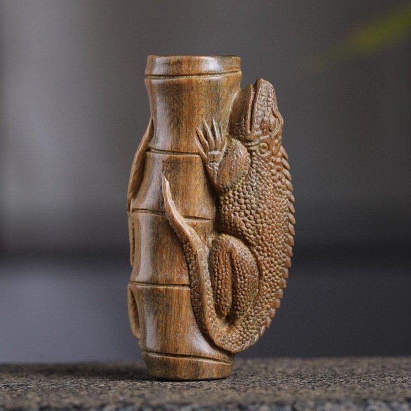 紫檀木一鸣惊人木雕竹节蝉实木雕刻蜥蜴手把件吊坠文玩工艺品装饰