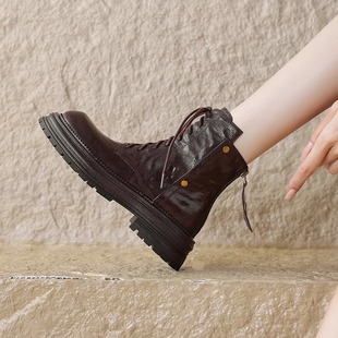圆头覆古英伦风马丁靴潮 软羊皮棕色厚底真皮短靴女2025初秋冬新款
