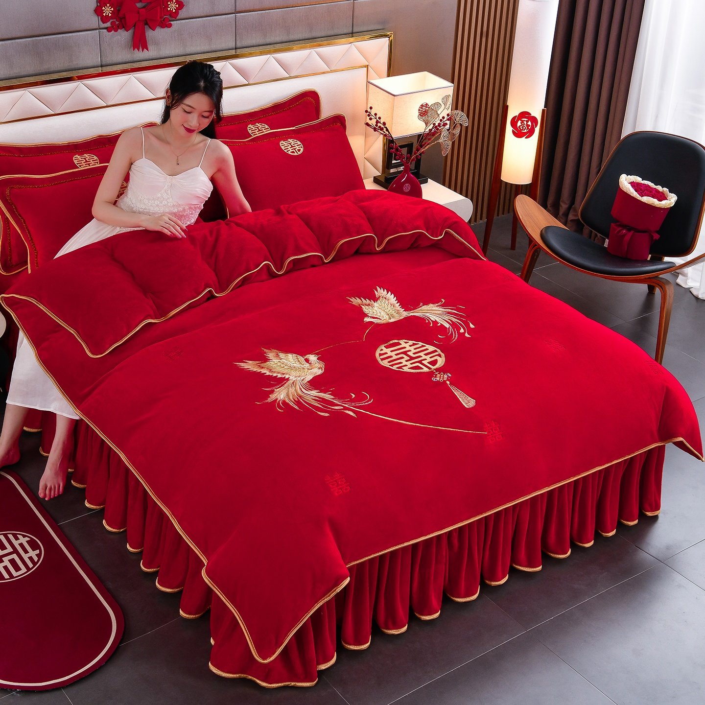 2026新款A类结婚牛奶绒四件套秋冬季珊瑚绒大红婚庆床上用品