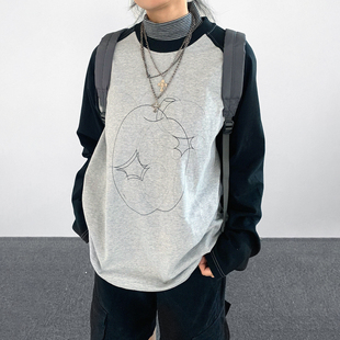 撞色插肩袖 innomoood 线条印花T恤长袖 stitch 基础男女原创 apple