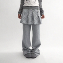 微喇显瘦松紧腰长裤 innomoood 空心格针织弹力假两件百褶格纹裙裤