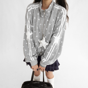 上衣秋卫衣宽松 短外套长袖 innomoood 啵啵立领波点印花运动开衫