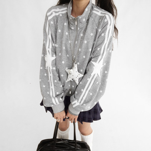 innomoood 啵啵立领波点印花运动开衫短外套长袖上衣秋卫衣宽松