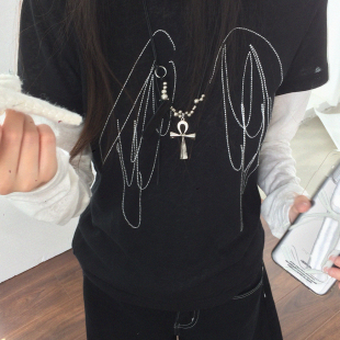 薄透叠穿百搭圆领T恤小众y2k 短袖 innomoood 手绘翅膀刺绣印花长袖