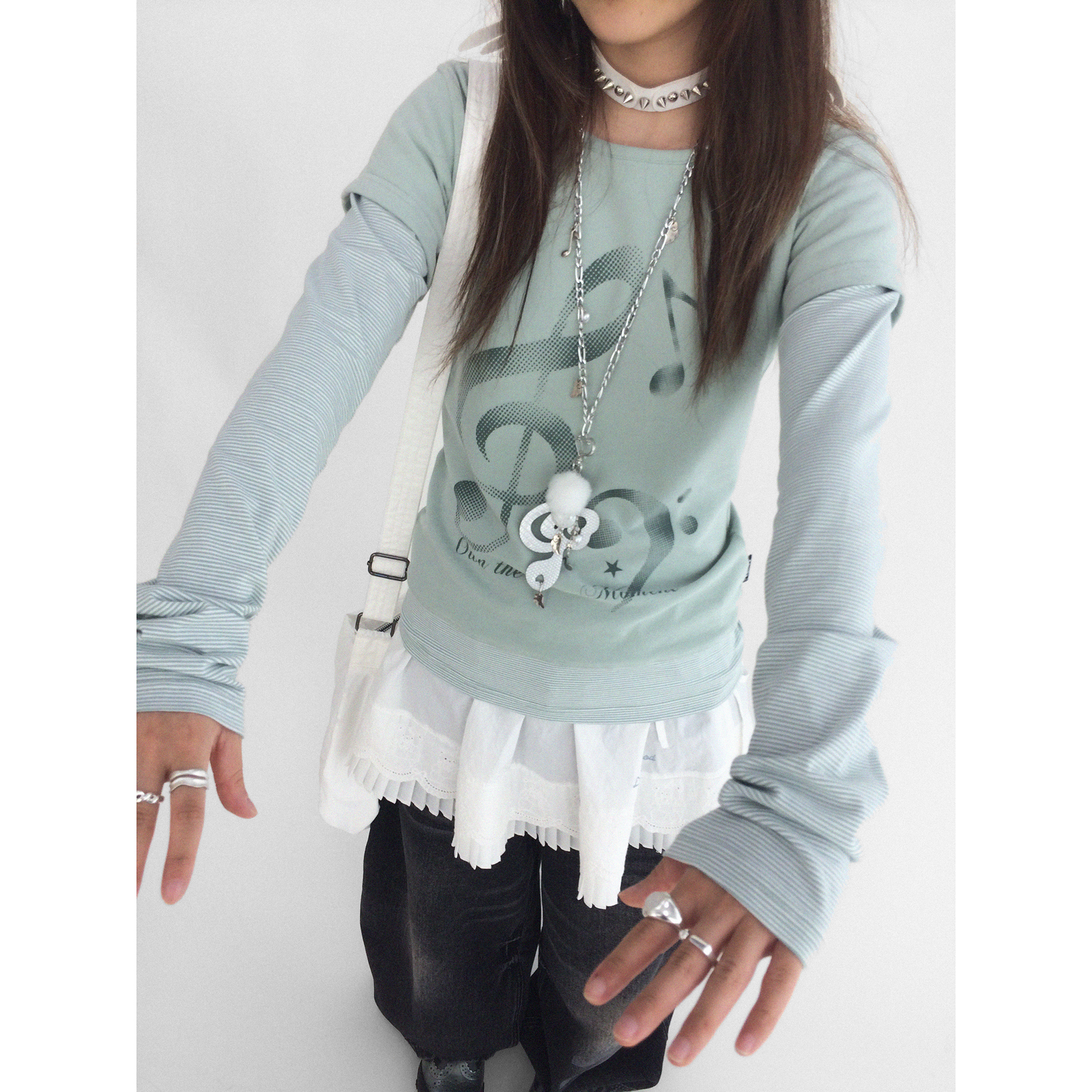 innomoood 共鸣音符网点印花假两件T恤长袖圆领内搭打底女百搭秋