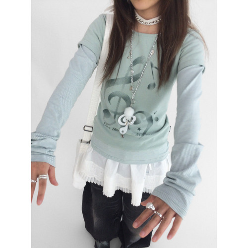 innomoood 共鸣音符网点印花假两件T恤长袖圆领内搭打底女百搭秋